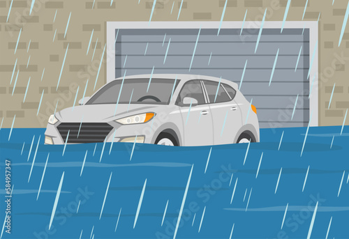 Rainy weather conditions. Front view of a flooded garage and suv. Flat vector illustration template.