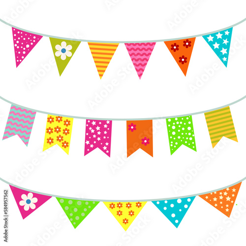 Set of bunting and garlands. Colorful holiday flags or pennants. Vector illustration isolated on white background. Elements for celebration, party or festival.