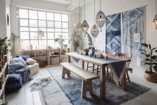 Large, light dining area with Shibori curtains, cushions, and posters. Generative AI