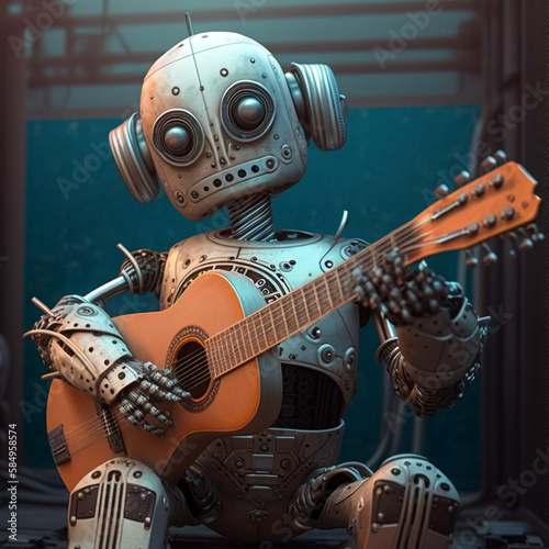 robot playing guitar in space Generative AI
