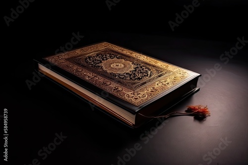 Islamic Holy Book Quran With Dark Background Ramadan Kareem Concept Generative AI