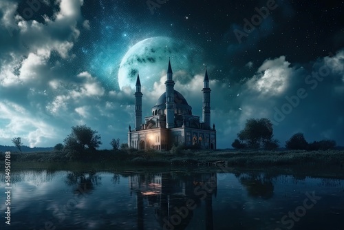 Islamic Mosque Landscape With Beautiful Sky Background Generative AI