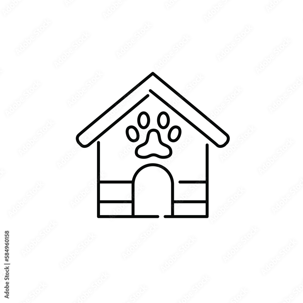Pet house. Dog kennel with paw symbol. Pixel perfect, editable stroke icon Pet house. Dog kennel with paw symbol. Pixel perfect, editable stroke icon