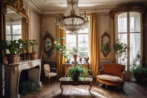 French modern living room. Elegant French room with large window and drapes, green plant in pot, David sculpture, antique gold mirror, and crystal chandeliers against brick wall. Generative AI