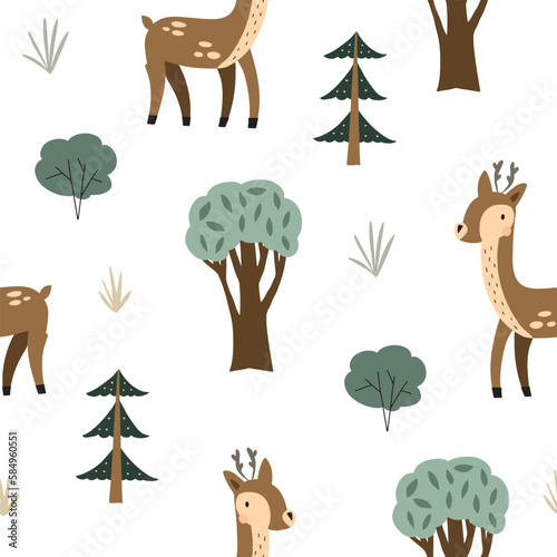 Seamless pattern with cute deer in the forest. Vector illustration isolated on white background for nursery and textile decoration