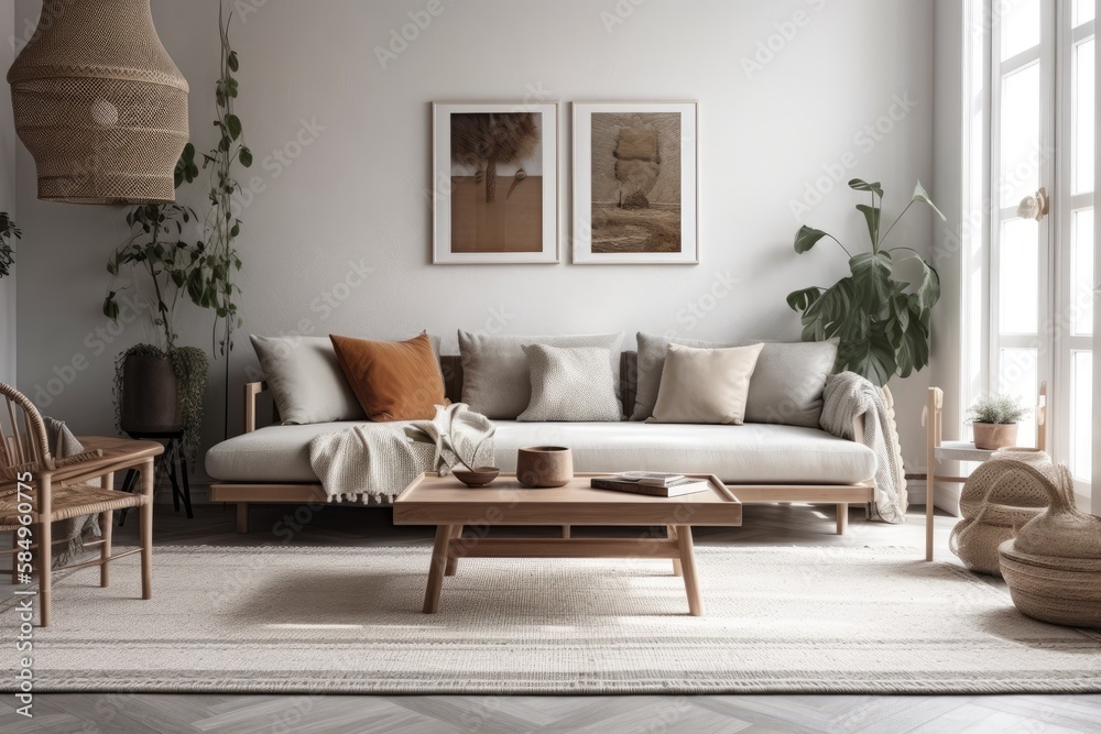 Fototapeta premium Contemporary interior design with grey couch, coffee table, macrame, plants, carpet, and stylish accessories. Minimalist house décor. Template. Generative AI