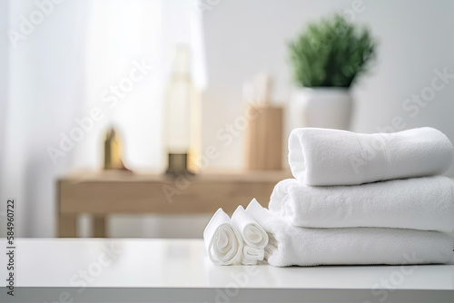 Table Top And Background Bathroom Blur - Arrangement of white towels on white table with copy space on blurred bathroom background. For product display montage - Generative AI