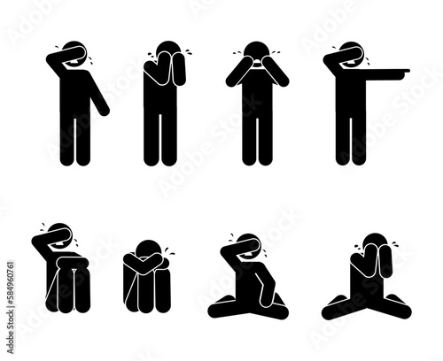 man crying icon over white background, silhouette style, vector illustration, stick figure pictogram 

