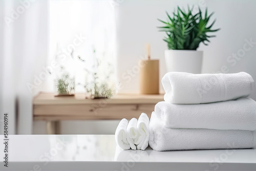 Table Top And Background Bathroom Blur. White towels on white table with copy space on blurred bathroom background. For product display montage - Generative AI 