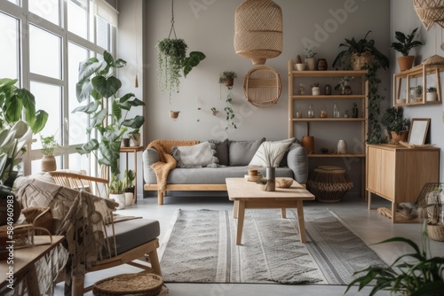 Boho living room with wooden shelf, gray couch, exquisite furnishings, and hand made macrame shelf planter hanging. Plant filled minimalist gray house décor. Generative AI