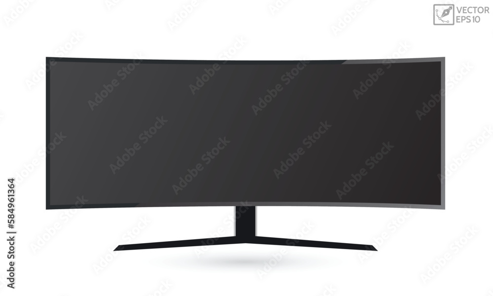 Ultra curved gaming display. White blank 8k monitor mockup, Modern video panel white flatscreen. Ultra curved gaming display. White blank 8k monitor mockup, Modern video panel white flatscreen.