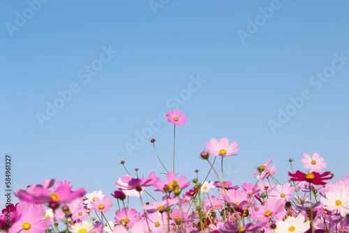 Pink flowers field cosmos bipinnatus (Mexican aster) bloom growing  on bright blue sky in garden natural outdoor summer background © Amphawan
