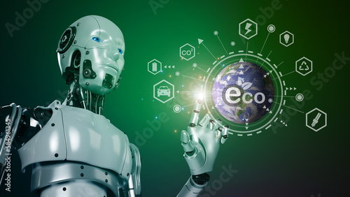 Robot touching global with ECO icon, eco friendly protecting environmental world with AI technology machine learning research preservation nature of life, Artificial Intelligence and ecology concept.