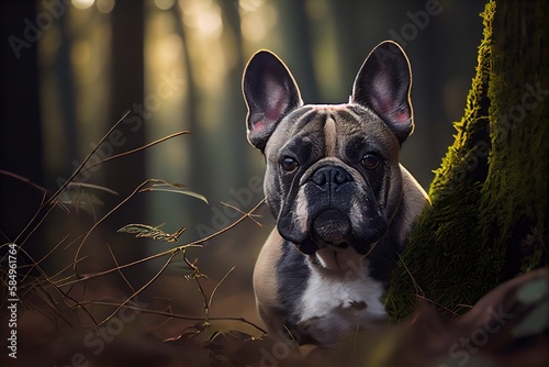 French Bulldog in the woods looking curious