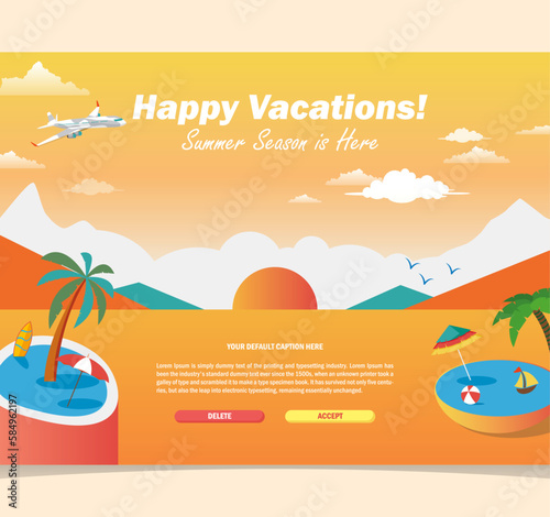 Minimalist web page design vector illustration; Summer Vacation UX and UI landing page template; Homepage warm seasonal graphic layout for website; Tourism and travel service