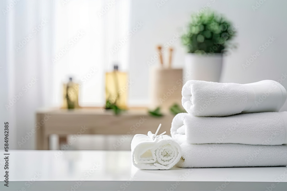 Table Top And Background Bathroom Blur. White towels on white table with copy space on blurred bathroom background. For product display montage - Generative AI