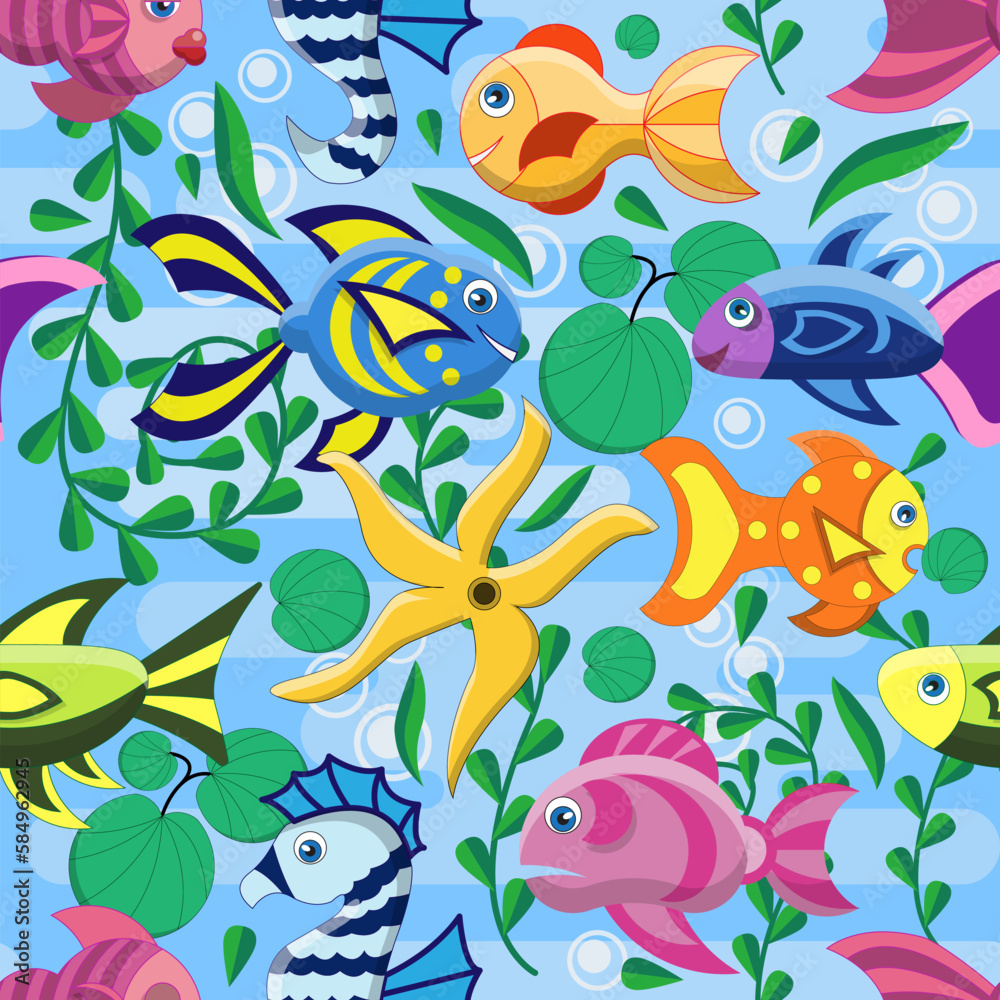 Obraz premium Background on the theme of the underwater world. Seamless pattern. Vector illustration.