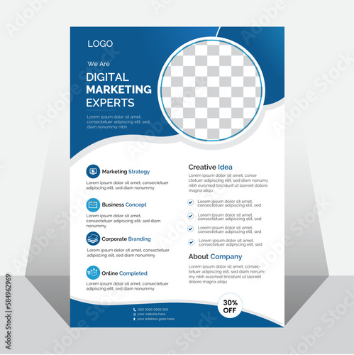 Corporate business flyer template design  with blue, new digital marketing flyer , perfect for creative professional Marketing, vector illustration template in A4 size, abstract corporate flyer