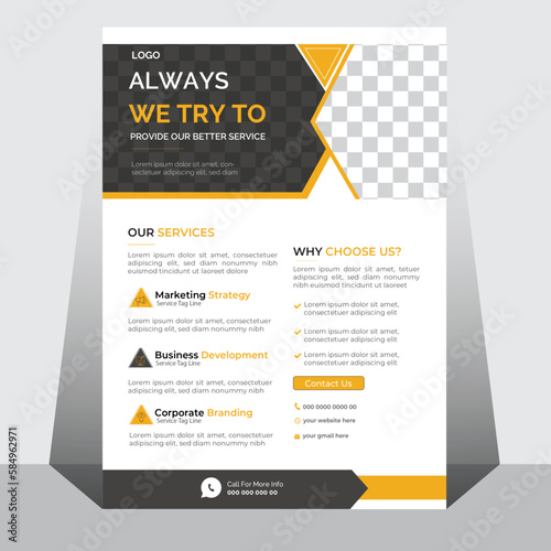 Clean Corporate Business Service Flyer Layout, flyer template design with modern and minimalist style, vector illustration template in A4 size, modern yellow and black design template