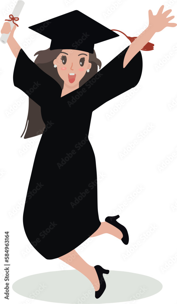 Vector of happy young woman graduation jump illustration