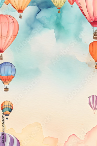 watercolor hot air balloons in the sky frame background made with generative ai