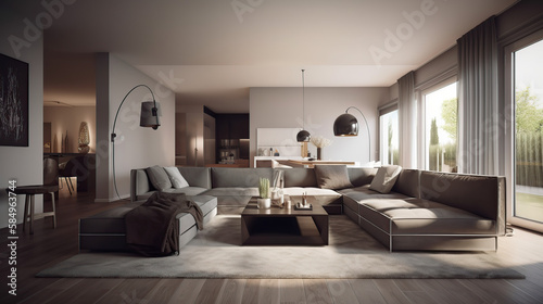  Beautiful Living Room in New Modern Luxury Home  designer furniture  stylish comfortable sofa  3D rendering  generative AI tools.
