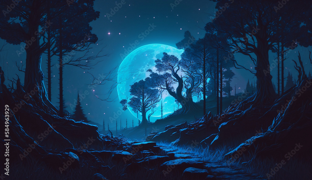 night forest on the background of the moon (created by AI)