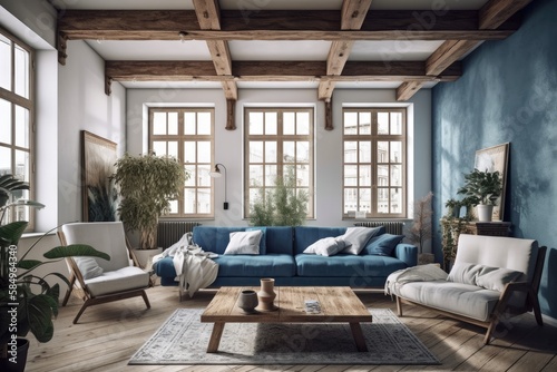 White and blue japandi living room. Fabric couch, beams ceiling, window, and decors. Farmhouse decor,. Generative AI