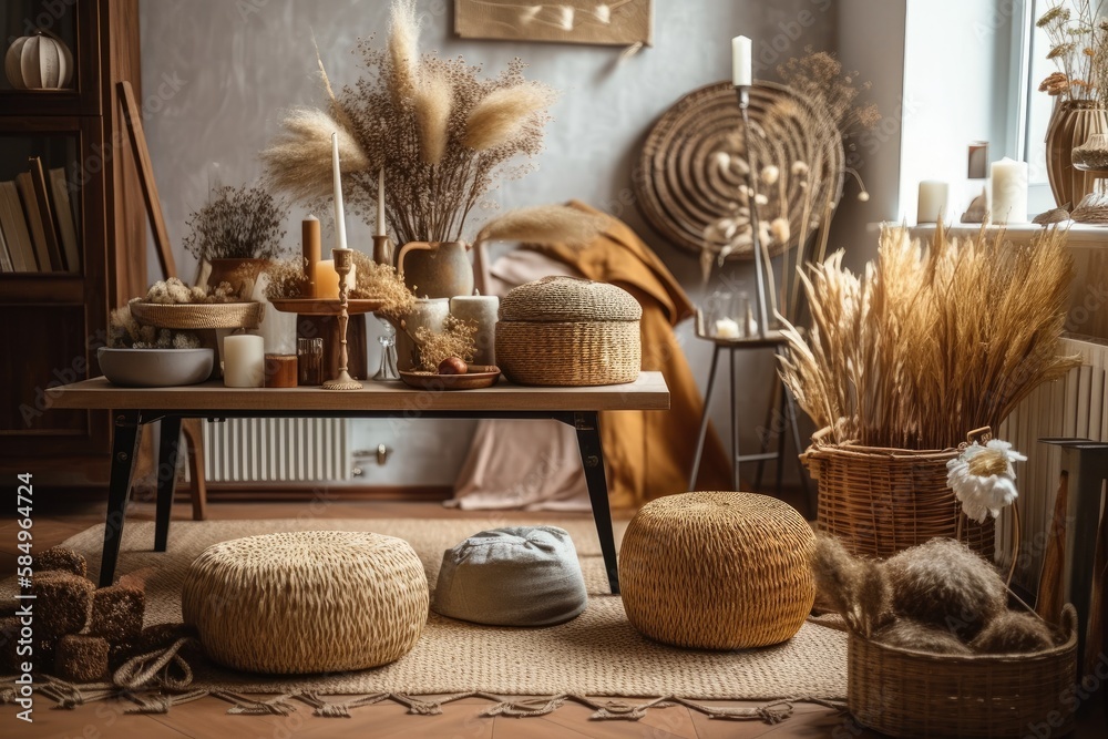 Home decor hygge. Scandinavian interior living room. Bohemian room. Rustic. grass and flowers. Wicker baskets with dried flowers near wooden floor table. Generative AI