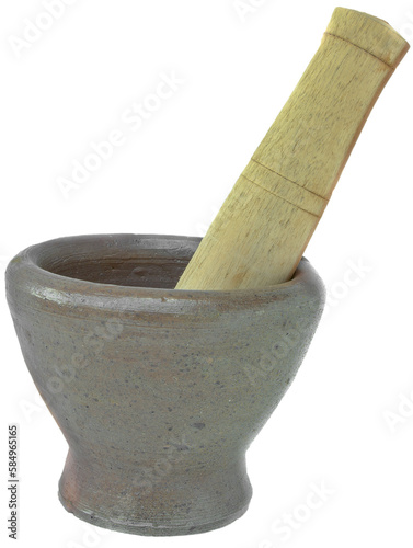 Earthen mortar and pastel, kitchenware tool for grinding ingredient into small piece before cooking. 