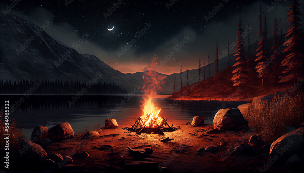 Fire nature campfire night bonfire flame forest outdoors generated by AI