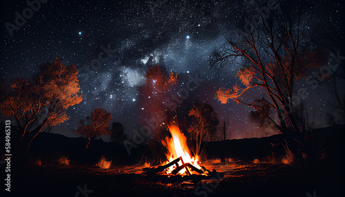 Night fire illuminates nature bonfire in dark outdoors generated by AI