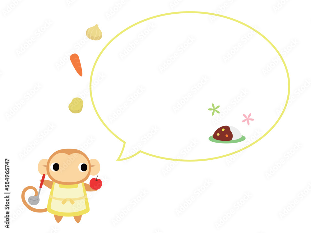 エプロン姿のサル 吹き出し+カレーの装飾付 エプロン姿のサル 吹き出し+カレーの装飾付