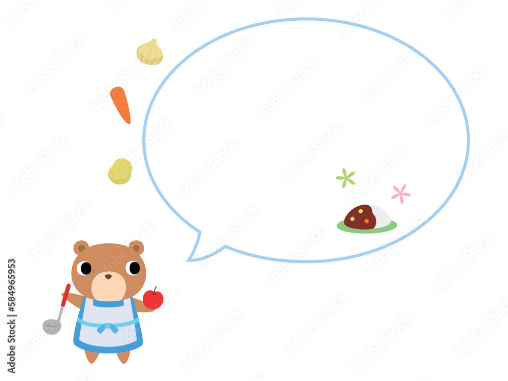 エプロン姿のクマ 吹き出し+カレーの装飾付 エプロン姿のクマ 吹き出し+カレーの装飾付