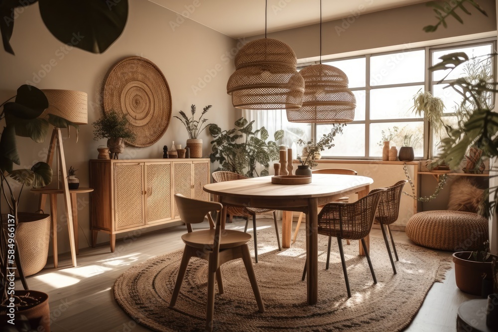 Boho chic dining room with circular family table, rattan chairs, design pendant light, commode, carpet, décor, and personal accessories. Minimalist interiors. Template. Generative AI