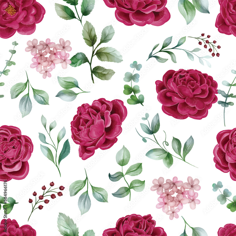 Peonies Maroon Watercolor floral seamless pattern. Luxurious floral backgrounds, textile or wallpaper design, prints and invitations, and postcards.