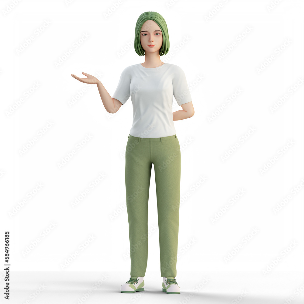 3D Illustration of Cute Casual Woman presenting at right side