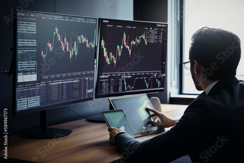 Illustration of a man seen from the back, sitting at a desk, analysing stock market charts and data on computer monitors, tablet and phone. Created with generative AI technology