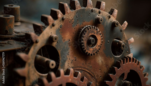 Closeup illustration of rusted cogs and gears in a factory, industry, orange, grey, dust, blurry background, generated with generative AI technology