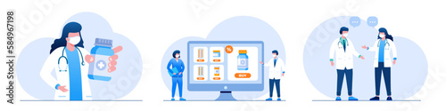 Pharmacy concept, consultation with doctor online, medicine, drug store online, medical. flat illustration vector