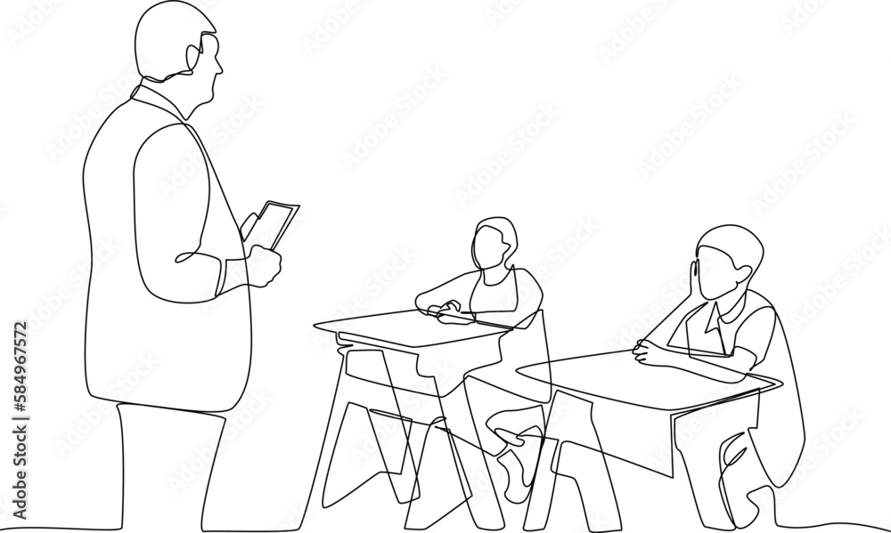 Single one-line drawing the teacher explains the lesson in class. Class in session concept. Continuous line drawing design graphic vector illustration. Single one-line drawing the teacher explains the lesson in class. Class in session concept. Continuous line drawing design graphic vector illustration.