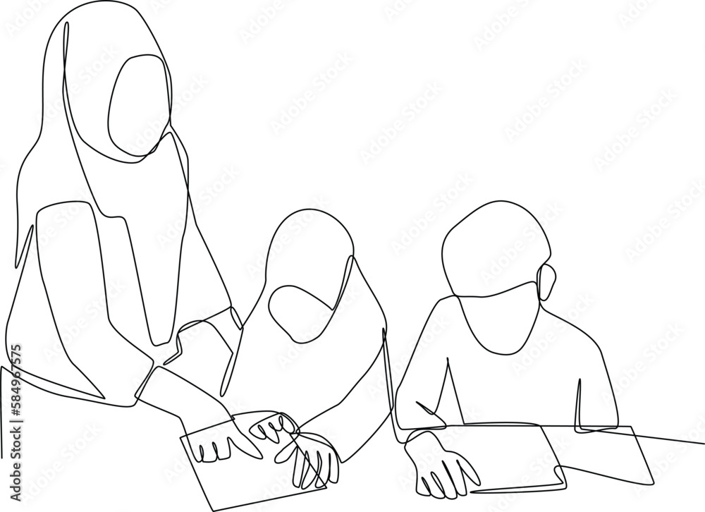 Single one-line drawing the teacher corrects the student's mistakes. Class in session concept. Continuous line drawing design graphic vector illustration. Single one-line drawing the teacher corrects the student's mistakes. Class in session concept. Continuous line drawing design graphic vector illustration.