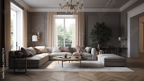 The stylish interior of the living room with luxury furniture, 3d render, a Modern home, a concept floor plan, and generative AI tools. © MrNobody