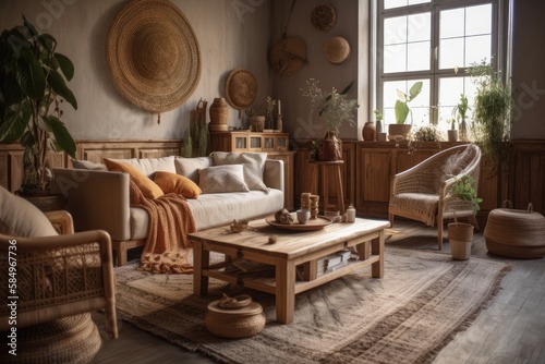 Farmhouse wooden living room with sofa, rattan chest, jute carpet, and décor. Boho chic decor,. Generative AI