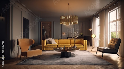 The stylish interior of the living room with luxury furniture, 3d render, a Modern home, a concept floor plan, and generative AI tools. © MrNobody