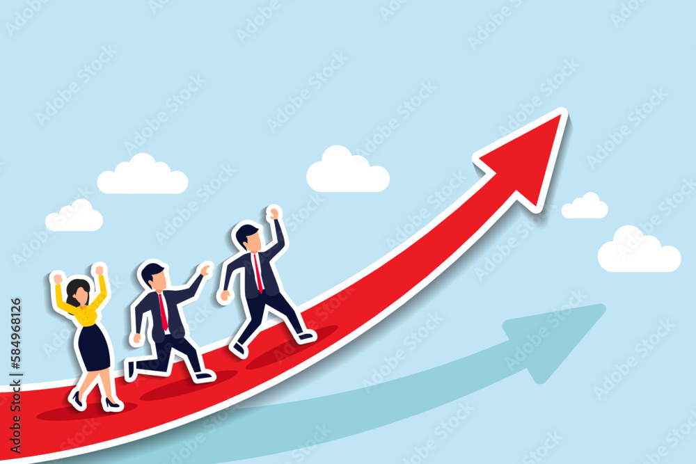 Growth strategy, career path development or growing business, employee training or improvement, job promotion concept, businessman people employees running on career path arrow in rising up direction