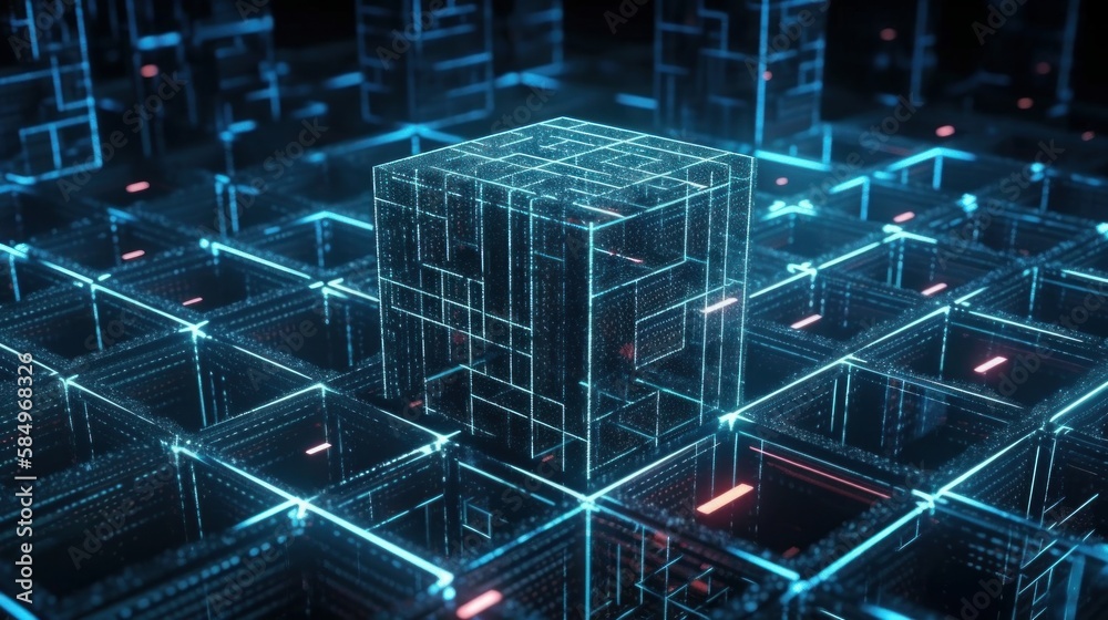Blockchain concept. Big data binary code futuristic information technology, data flow. Transferring of big data. interconnected blocks of data depicting a cryptocurrency blockchain. Generative AI Blockchain concept. Big data binary code futuristic information technology, data flow. Transferring of big data. interconnected blocks of data depicting a cryptocurrency blockchain. Generative AI