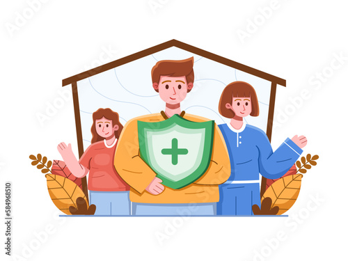 Illustration of a family of three at home, with the father holding a shield symbolizing their protection through health insurance. Peace of mind with insurance for the entire family.