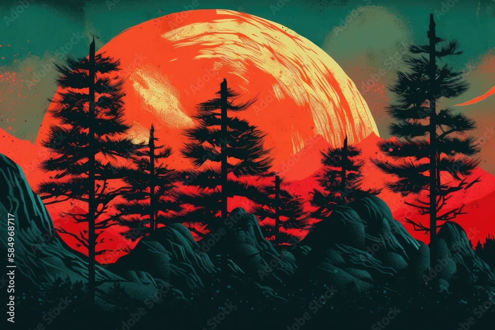 Nature's vivid mountains Pine trees with red moon, basic art landscape, mountain wall art, abstract boho nature wall, perfect for living room or workplace. Generative AI