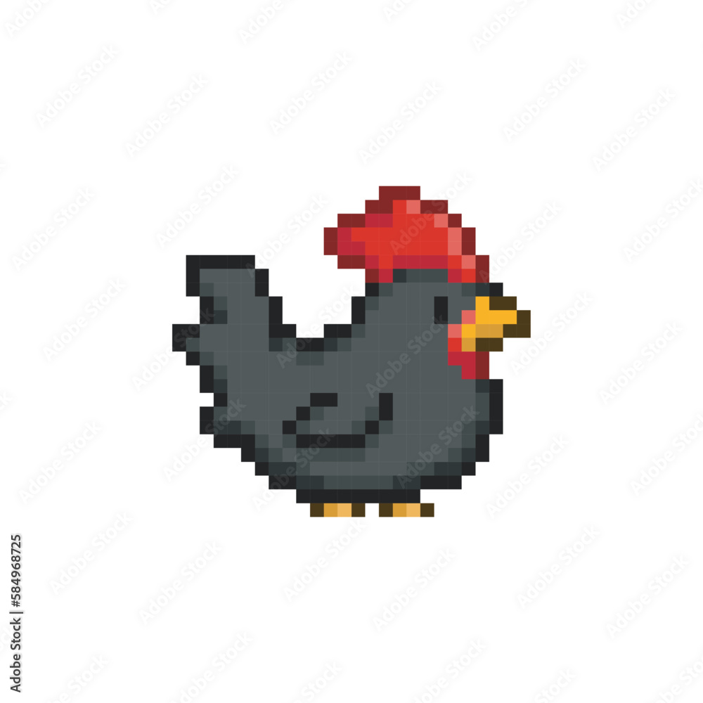 Chicken black color, pixel art animal